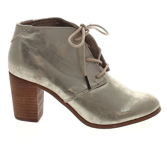 Toms Lunata Lace Up faux Leather gold metallic Booties block heel round toe 8 - Picture 1 of 12